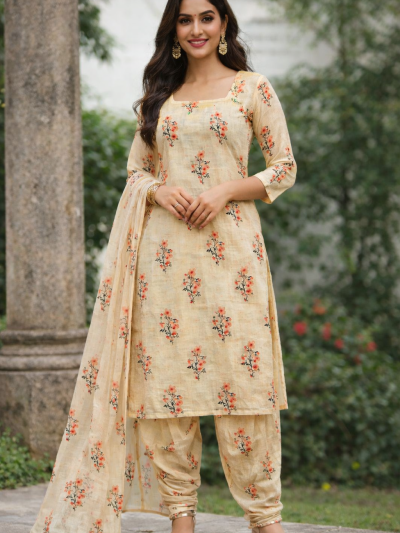 Floral Printed Cotton Kurta Pant Dupatta Set for Women