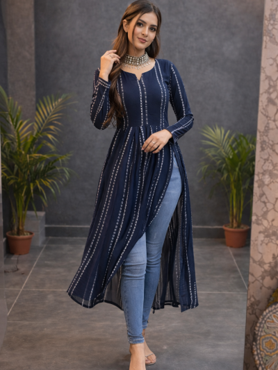 Indigo Printed Front Slit Kurti Dress for Women